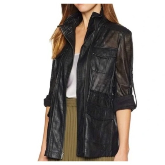 BCBGMAXAZRIA Black Bronnen Mesh Vegan Leather Jacket Size S - Picture 1 of 8